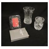 1067	3 PIECES WATERFORD CUT CRYSTAL, 6  1/8 IN VASE, COVERED SAUCE POT, & A PICTURE FRAME IN ORIGINA