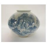 1083	LARGE ASIAN BULBOUS SCENIC VASE, HAS BEEN DRILLED, SIGNED, 11 IN HIGH X APPROXIMATELY 13 IN DIA