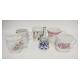 1090	5 SHAVING MUGS & A PORCELAIN BELL, 2 MUGS HAVE A CHIP ON THE WALL OF THE BRUSH HOLDER