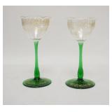 1100	PAIR OF GOLD ENAMELED GOBLETS W/GREEN BASES, TOPS ARE RUFFLED, 6 5/5 IN HIGH