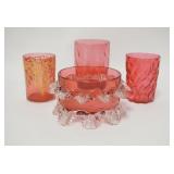 1104	4 PIECE CRANBERRY LOT, BOWL W/CRYSTAL RIGAREE, ENAMELED TUMBLER, SWIRL TUMBLER & A PICKLE CASTO