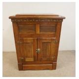 1105	LARGE ICE BOX  W/PANELED SIDES & DOORS, PRESSED LEAF DECORATION, LIFT TOP & 2 DOORS, 35 IN WIDE