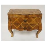 1121	MINIATURE 2 DRAWER BOMBE CHEST W/PARQUETRY INLAY, 18 IN X 11 IN X 16 1/4 IN