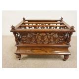 1131	ANTIQUE CANTERBURY HAVING FRETWORK CUT SIDES W/AN OGEE MOLDED BASE & FINE DOVETAILED DRAWER, BR