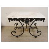 1147	ORNATE IRON TEA WAGON W/LEAF TRIM SKIRT, BRASS ACCENTS ON BASE & MARBLE TOP, 23 1/4 IN X 39 IN 