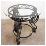 1168	ROUND GLASS TOP OCCASIONAL TABLE WITH FANCY IRON BASE, 28 IN X 28 IN