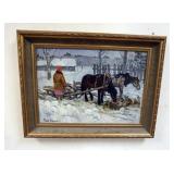 1170	SIGNED OIL ON CANVAS, WINTER SCENE OF HORSES PULLING WORK SLED, 24 IN X 31 1/4 IN