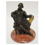 1174	BRONZE STATUE OF A SEATED MAN HOLDING GILT BOOK TITLED *LE MEITE DES FEMMES* ON MARBLE BASE, 10