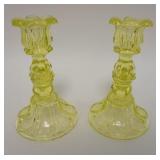 1182	PAIR OF FLINT VASELINE GLASS CANDLESTICKS, ROUGH PONTILS AND SOME CHIPPING, 7 IN HIGH