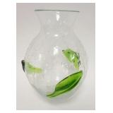 1185	BLOWN CRACKLE VASE WITH APPLIED GREEN LEAVES, ROUGH PONTIL, 10 1/4 IN HIGH