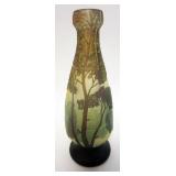 1186	LEGRAS CAMEO GLASS VASE, TREES WITH UNUSUAL TRI CORNER SHAPE, POLISHED BASE, 10 IN HIGH