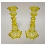 1187	PAIR OF FLINT  VASELINE GLASS CANDLESTICKS, 7 5/8 IN HIGH