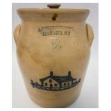 1189	BLUE DECORATED STONEWARE JAR WITH HOUSE. A WHITTEMORE, HAVANA, NY WITH LID, 2 GALLON. 11 IN HIG