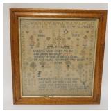 1196	1820 FRAMED SAMPLER, 15 1/2 IN X 1 3/4 IN INCLUDING FRAME. HAS SOME FADING AND HOLES