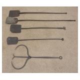 1199	5 ANTIQUE IRON KITCHEN TOOLS, INCLUDING 4 PEELS. CALIPER LIKE TOOL IS SIGNED O. BARNHART, LONGE