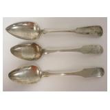 1201	3 COIN SILVER TABLE SPOONS, LONGEST IS 8 3/4 IN. 2 ARE SIGNED WG, ONE SIGHEN EH. 3.57 TOTAL TRO