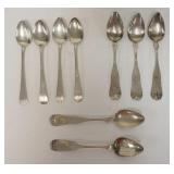 1202	12 COIN SILVER TEASPOONS. 4 ARE UNSIGNED & MONOGRAMMED, 3 ARE SIGNED L. JOHNSON, WORCESTER & AL