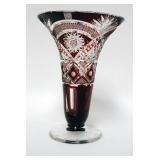 1207	RUBY CUT TO CLEAR TRUMPET VASE, 8 1/2 IN HIGH X 6 1/4 IN TOP DIAMETER