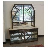 1210	2 PIECE IRON & GLASS DISPLAY CABINET WITH MARBLE TOP, MIRROR BACK AND GLASS SHELVES. 72 IN HIGH