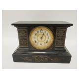 1214	IRON VICTORIAN MANTLE CLOCK, NO PENDULUM, BACK DOOR DETACHED, 15 IN WIDE