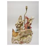 1219	CAPODIMOTE FIGURAL LAMP, MUSICIANS, HAS CLOTH SHADE W/FRINGE, HAS MINOR DAMAGE, CORD CUT, 41 IN