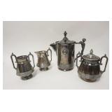 1221	VICTORIAN SILVER PLATED 4 PIECE TABLE SET, PITCHER HAS A PORCELAIN LINER & CHERUB HANDLE, HINGE