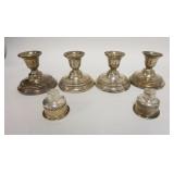 1222	4 WEIGHTED STERLING SILVER CANDLESTICKS, ALL HAVE TWISTS & DENTS, LOT INCLUDES 2 INSERTS THAT W