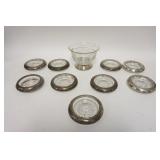 1224	9 COASTERS W/STERLING SILVER RIMS & AN ELEGANT ETCHED DIVIDED BOWL W/STERLING SILVER BASE, BOWL