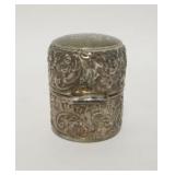 1230	VICTORIAN SILVER PLATED ROUND HINGED BOX-WILCOX #2869, MONOGRAMMED, 1 3/4 IN HIGH X 1 3/8 IN DI