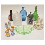 1240	LOT OF GLASS, CHINA, ETC, INCLUDES NIPPON MUSTARD, COLORED GLASS BOTTLES, LOWENBRAU STONEWARE S