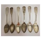 1270	SET OF 6 COIN SILVER TABLESPOONS BY H. HOWELL. 8 3/4 IN ONE IS BADLY WORN, MONOGRAMMED 10.875 T