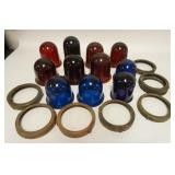 1271	11 COLORED GLASS DOME SHADES, 7 RED, 4 BLUE, 2 ARE CHIPPED HAVE 7 METAL MOUNTING RIMS TALLEST I