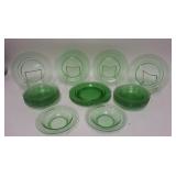 1287	7 PLATES & 12 BOWLS GREEN W/ ETCHED RIMS, PLATES ARE 8 3/4 IN & HAVE HEAVY KNIFE MARKS. BOWLS A