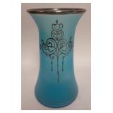 1291	SILVER OVERLAY AQUA SATIN GLASS VASE, 10 1/4 IN HIGH