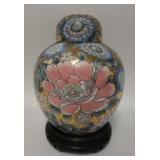 1292	HAND PAINTED ASIAN JAR ON WOODEN BASE, 12 IN HIGH W/BASE