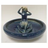 1293	BLUE GLAZED POTTERY BOWL W/FIGURAL FLOWER FROG, BOWL IS 11 1/4 IN DIAMETER, FROG IS 6 3/4 IN HI