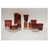 1303	10 PIECE RUBY STAINED SOUVENIR GLASS, TALLEST IS 7 IN
