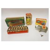 1306	3 VINTAGE TOYS IN BOXES, ZELLOPHONE, THE ELEPHANT, & MARX CORKIE CORN