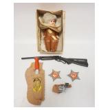 1312	LOT DAVY CROCKETT TOYS, DOLL IN BOX, KNIFE, RIFLE, HOLSTER, 2 BADGES & PISTOL-NOT DAVY CROCKETT