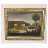 1322	OIL ON MASONITE LANDSCAPE, BRIDGE, RIVER, & VALLAGE, GILT FRAME W/RELIEF DECORATION, 38 1/2 IN 