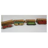 1047	LOT OF 4 AMERICAN FLYER CARS, SEARCH LIGHT CAR MISSING SEARCH LIGHT