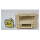 1123	WARD AIRLINE MIDGET RADIO MODEL 74BR IVORY 7 1/2 IN X 4 1/2 IN, 5 3/4 IN H