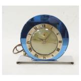 1196	CHROME & BLUE GLASS ART DECO CLOCK, MINOR LOSS TO BLUE, 7 1/4 IN WIDE X 6 1/2 IN HIGH