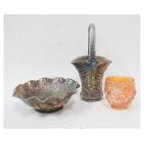 1213	3 PIECE CARNIVAL GLASS, 2 OLD, ONE NEWER, SMOKE DAISY BASKET, MARIGOLD WREATH OF ROSES ROSEBOWL