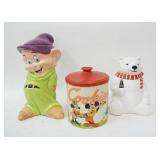 1215	3 COOKIE JARS, DWARF, MICKEY MOUSE & COKE BEAR, DOPEY IS 15 IN HIGH, MICKEY MOUSE IS METAL W/A 