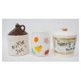 1217	3 COOKIE JARS, JUG, DECORATED GLASS, & SCENIC, TALLEST IS 10 IN