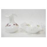 1219	2 PIECE HAND PAINTED FENTON GLASS, BOWL IS 9 1/2 IN, VASE IS 7 1/2 IN