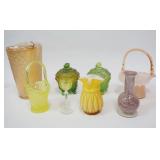 1222	8 PIECE LOT OF COLORED GLASS, TALLEST IS 10 IN