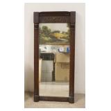 1305	MIRROR W/PRINT ON TOP, FLUTED HALF COLUMNS & APPLIED METAL DECORATION, 15 3/4 IN X 34 3/4 IN