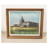 1307	REVERSE PAINTING ON GLASS OF THE CAPITAL IN A DEEP WALNUT FRAME, 2 PAINT LOSS SPOTS, 23 3/4 IN 